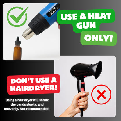Graphic showing that a heat gun should be used on the heat shrink wrap and a hairdryer with an X, indicating it should not be used on the product.