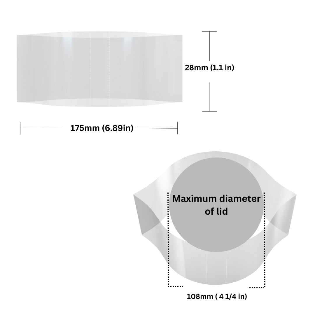 Clear Shrink Bands 175 x 28 mm dimensions and sizing guide.
