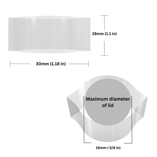 Graphic showing the dimensions of the product, including height, width, and diameter.. Arrows and lines indicate measurement points on the product.