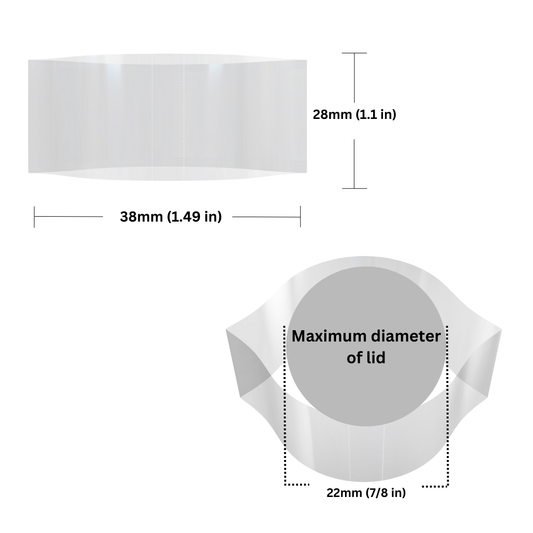 Clear Shrink Bands 38 x 28 mm dimensions and sizing guide.