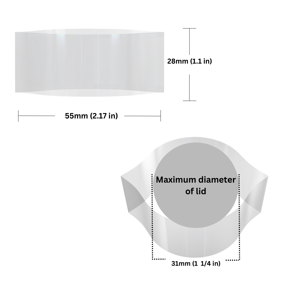 Clear Shrink Bands 55 x 28 mm dimensions and sizing guide.