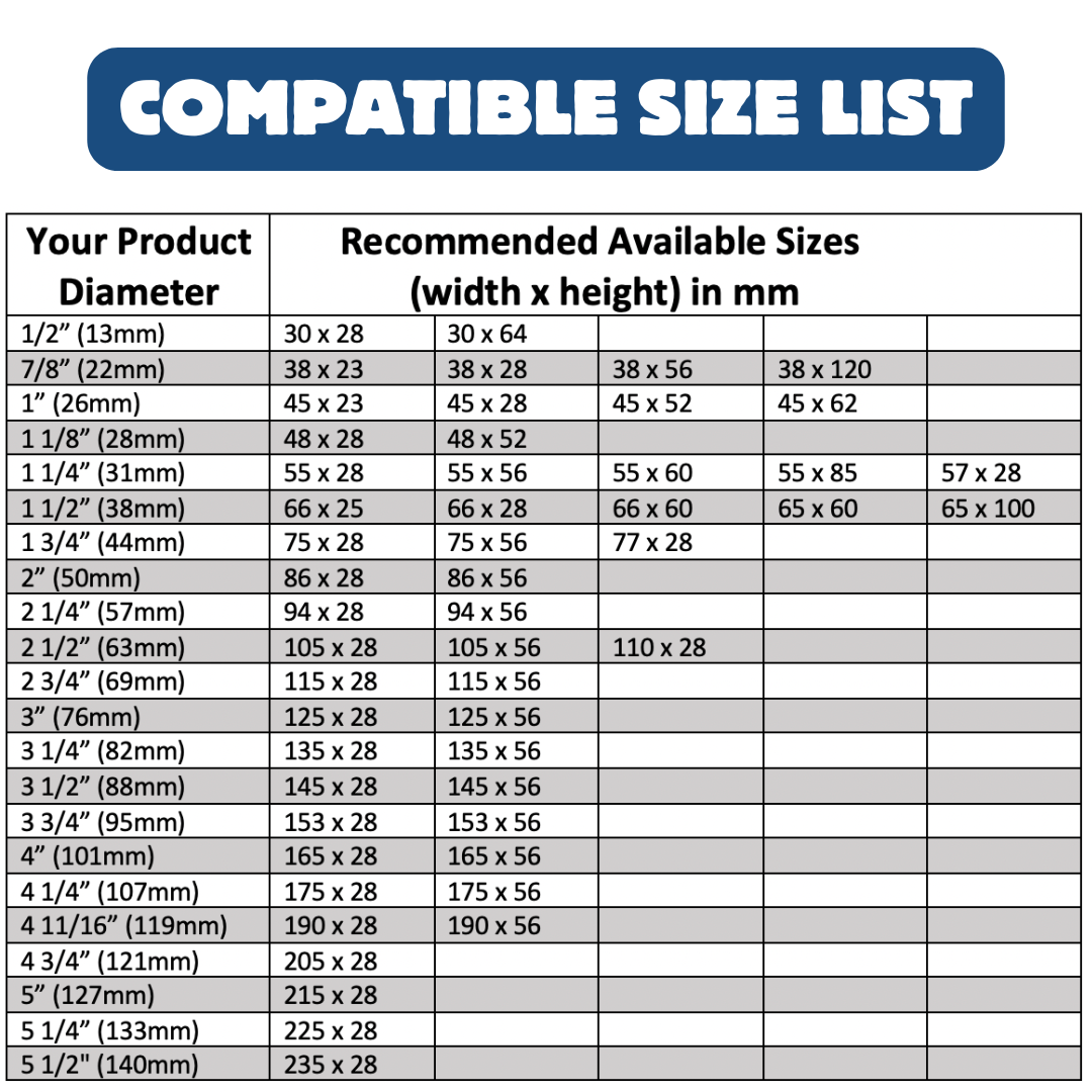 Shrink band size chart matching container diameters to available layflat widths and heights.