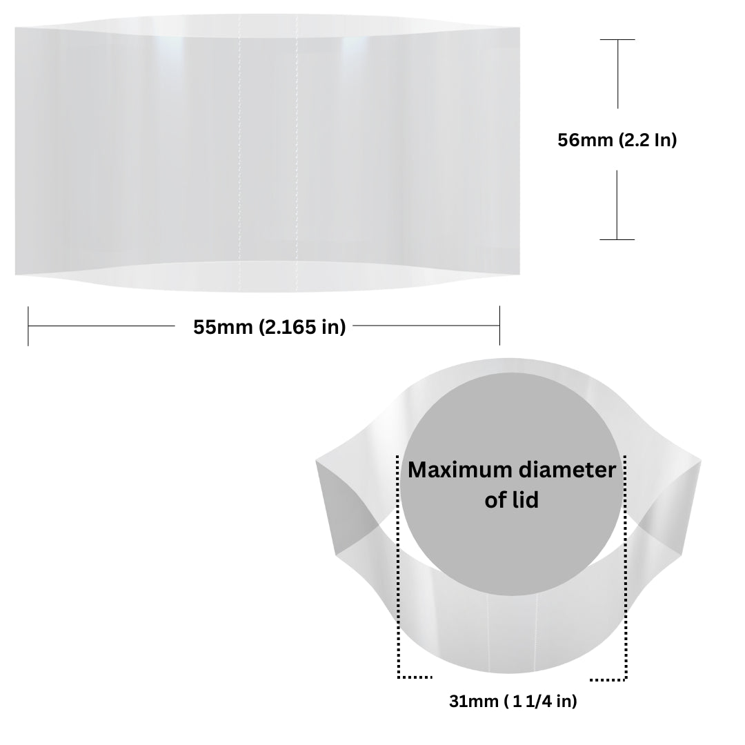 Graphic showing the dimensions of the product, including height, width, and diameter.. Arrows and lines indicate measurement points on the product.