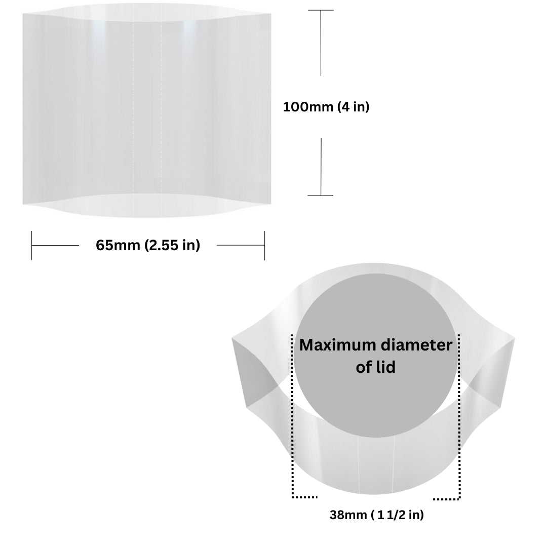 Clear Shrink Bands 65 x 100 mm dimensions and sizing guide.