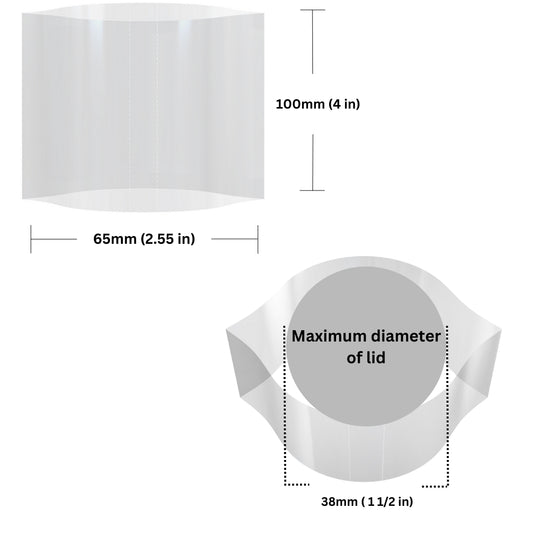 Clear Shrink Bands 65 x 100 mm dimensions and sizing guide.