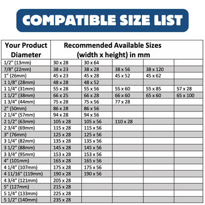 Shrink band size chart matching container diameters to available layflat widths and heights.