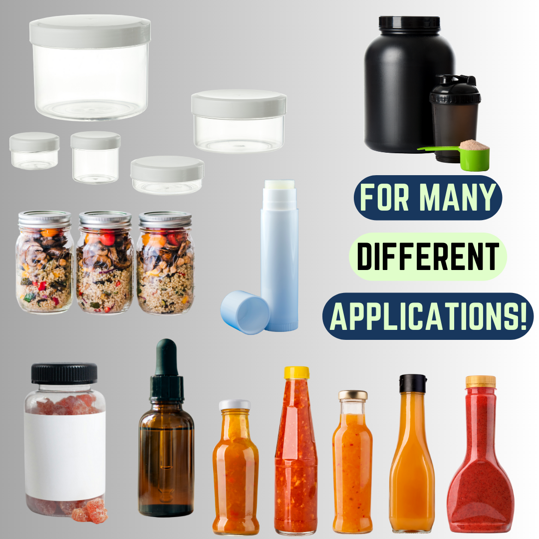 Collection of containers and bottles with text 'FOR MANY DIFFERENT APPLICATIONS!' on a gray background