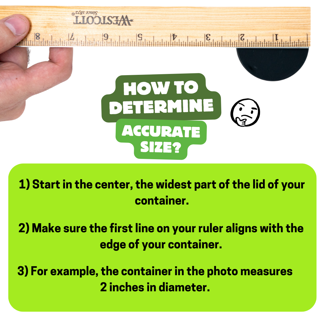 Hand holding a ruler with instructions on determining container size