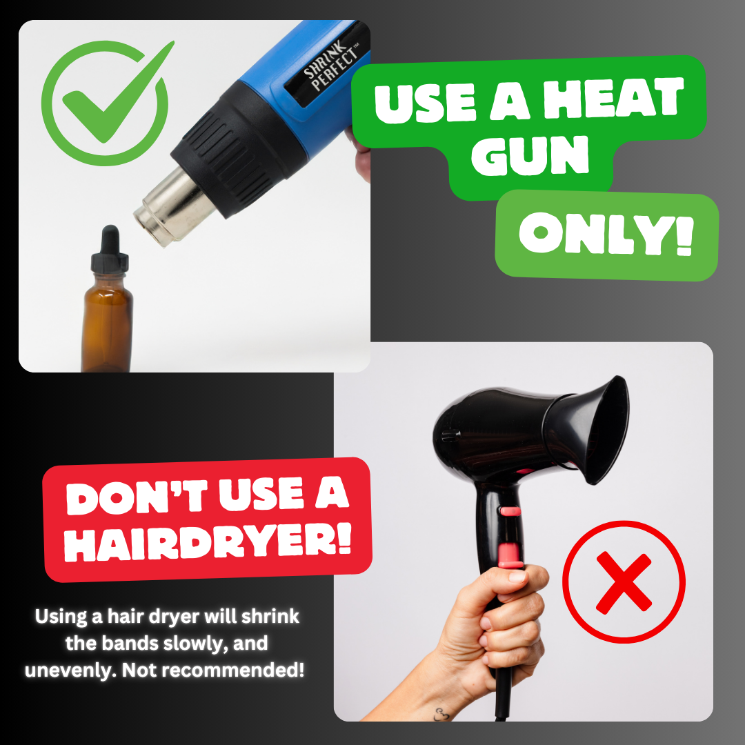 Instructions on using a heat gun for a product application with a hair dryer as a wrong alternative.