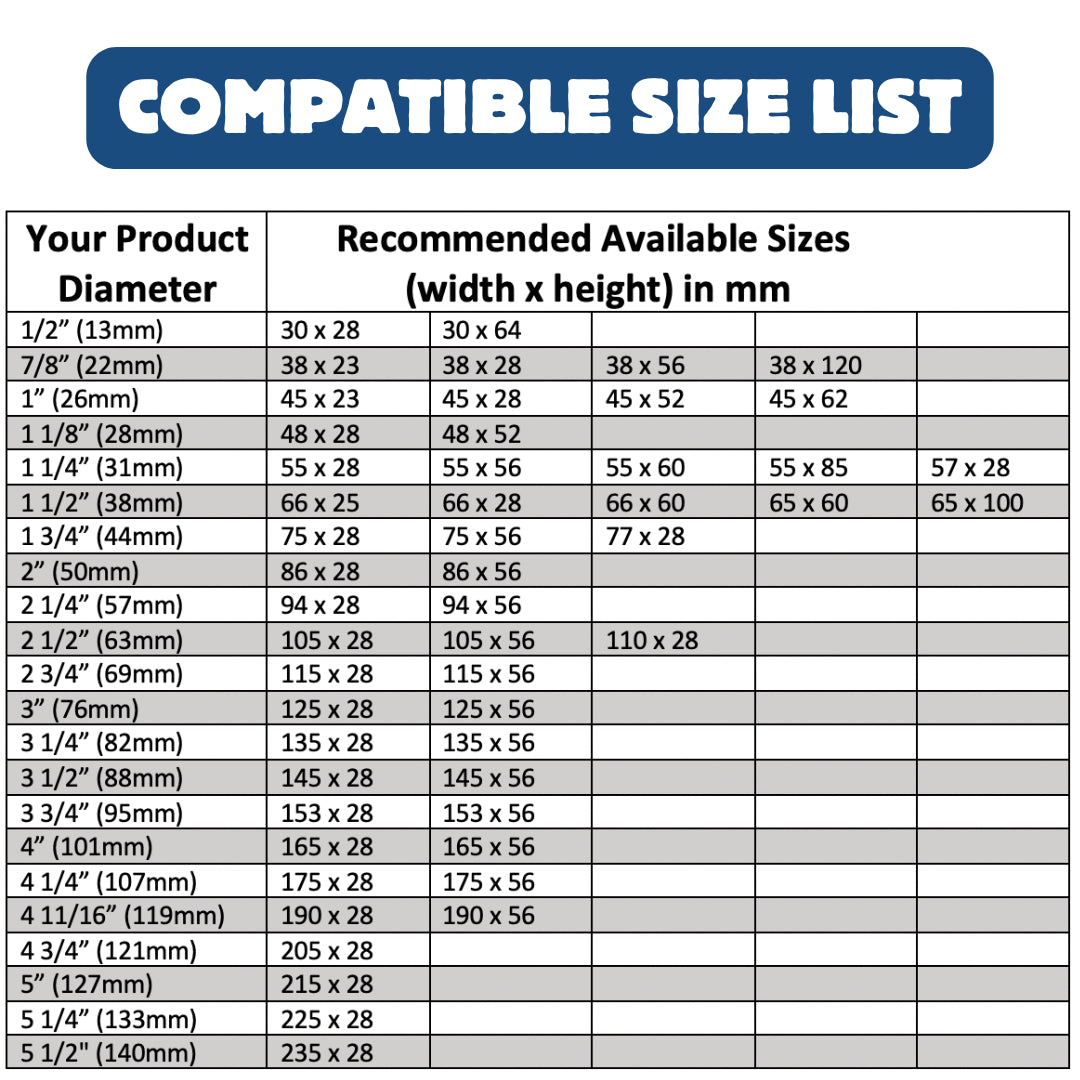 Shrink band size chart matching container diameters to available layflat widths and heights.