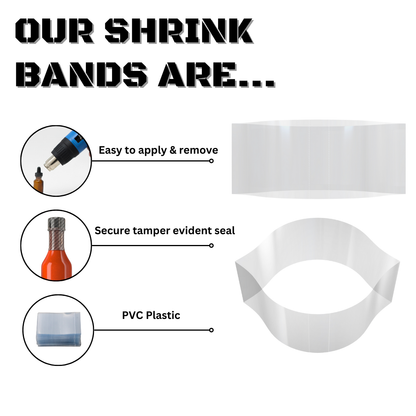 Shrink bands with features listed on a white background